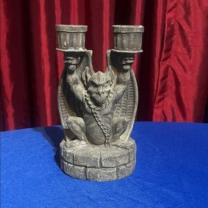 Vintage Halloween Gray Gargoyle Resin Double Candlestick 7" tall Vandor 1995